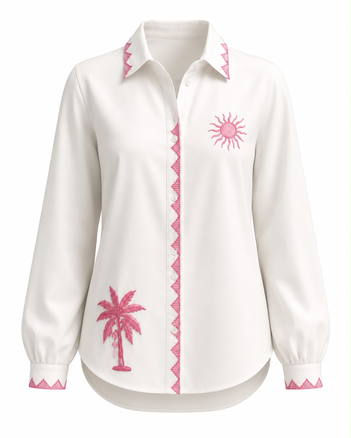 White cotton embroidered GMB Shirt with shades of pink embroidery.