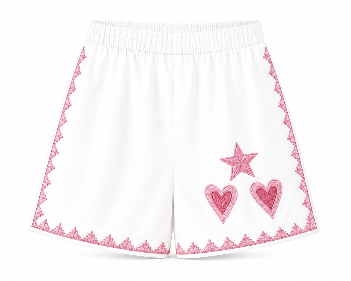 White cotton shorts with pink embroidery, view 2